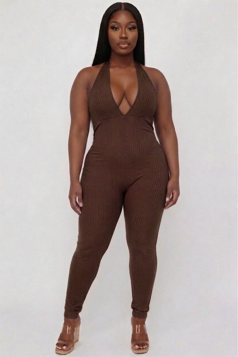 Plus Size Halter V Neck Ribbed Bodycon Jumpsuit
