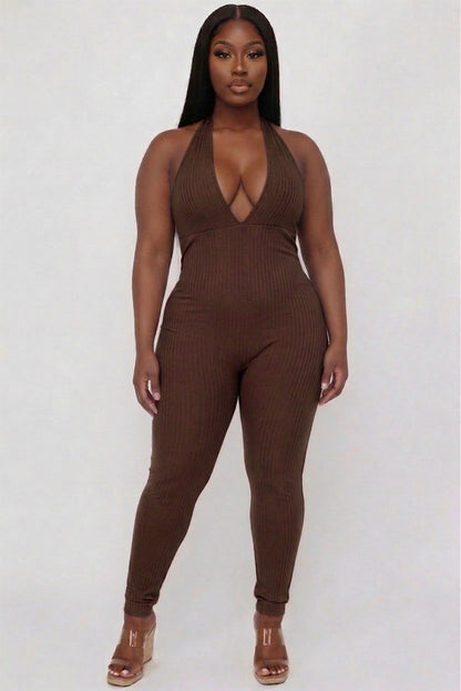 Plus Size Halter V Neck Ribbed Bodycon Jumpsuit