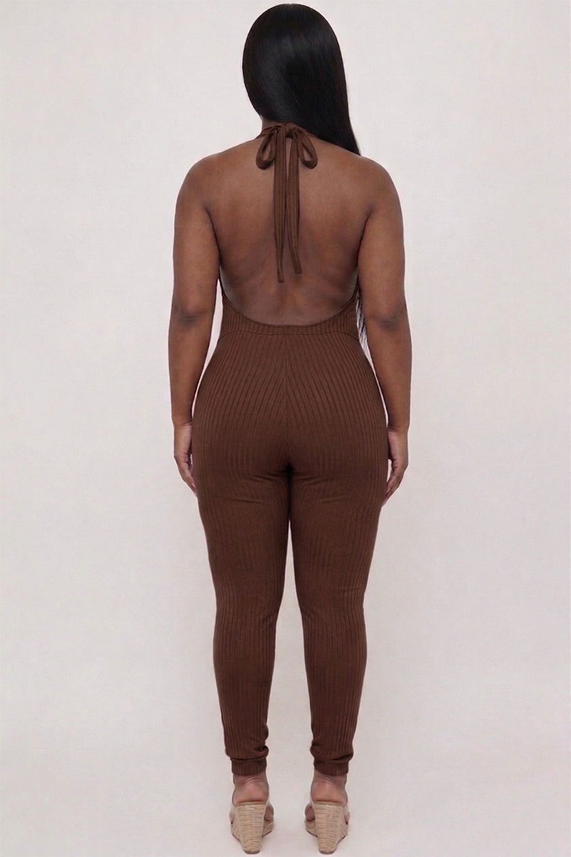 Plus Size Halter V Neck Ribbed Bodycon Jumpsuit