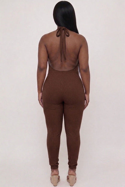 Plus Size Halter V Neck Ribbed Bodycon Jumpsuit