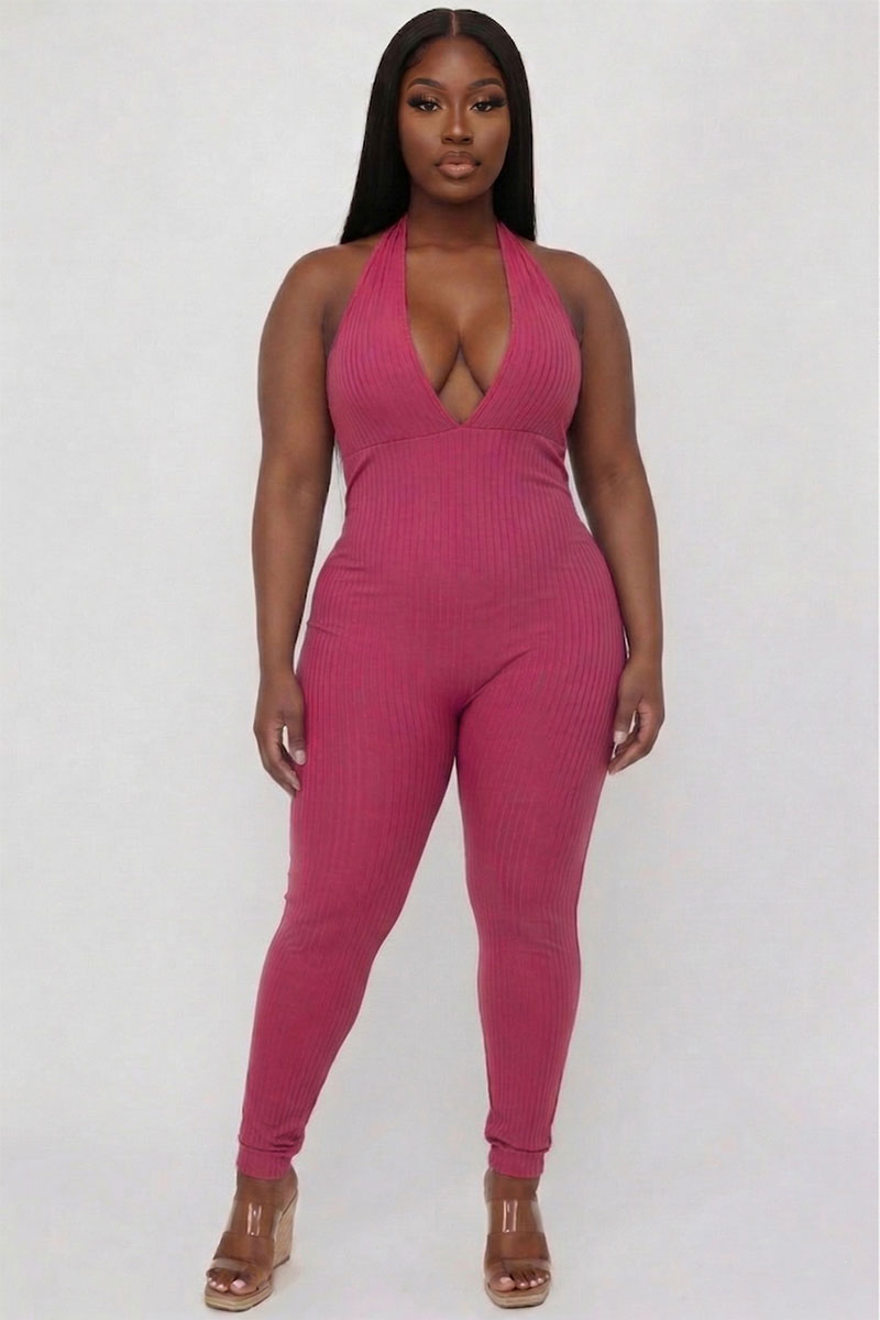 Plus Size Halter V Neck Ribbed Bodycon Jumpsuit
