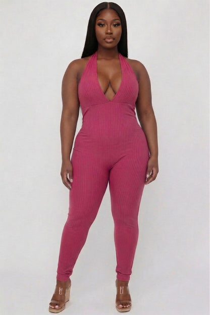 Plus Size Halter V Neck Ribbed Bodycon Jumpsuit