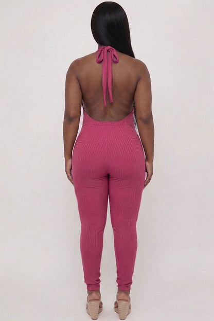 Plus Size Halter V Neck Ribbed Bodycon Jumpsuit