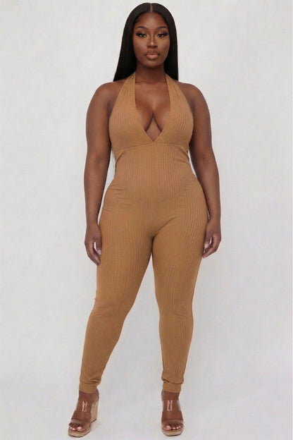 Plus Size Halter V Neck Ribbed Bodycon Jumpsuit