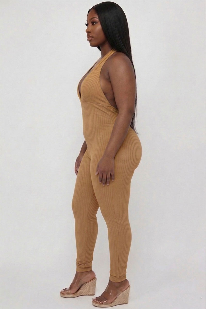 Plus Size Halter V Neck Ribbed Bodycon Jumpsuit