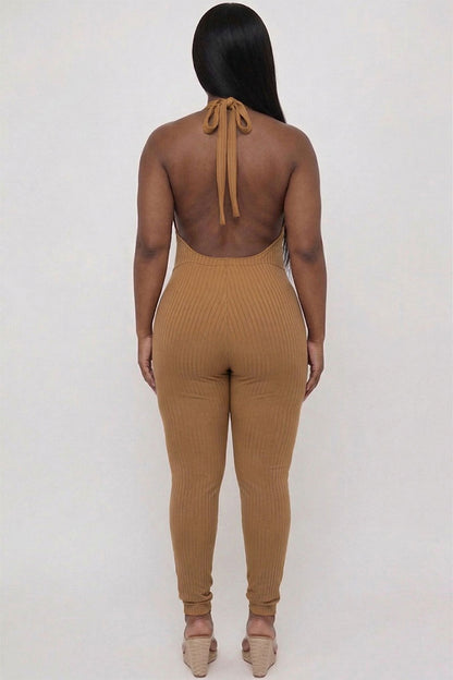 Plus Size Halter V Neck Ribbed Bodycon Jumpsuit