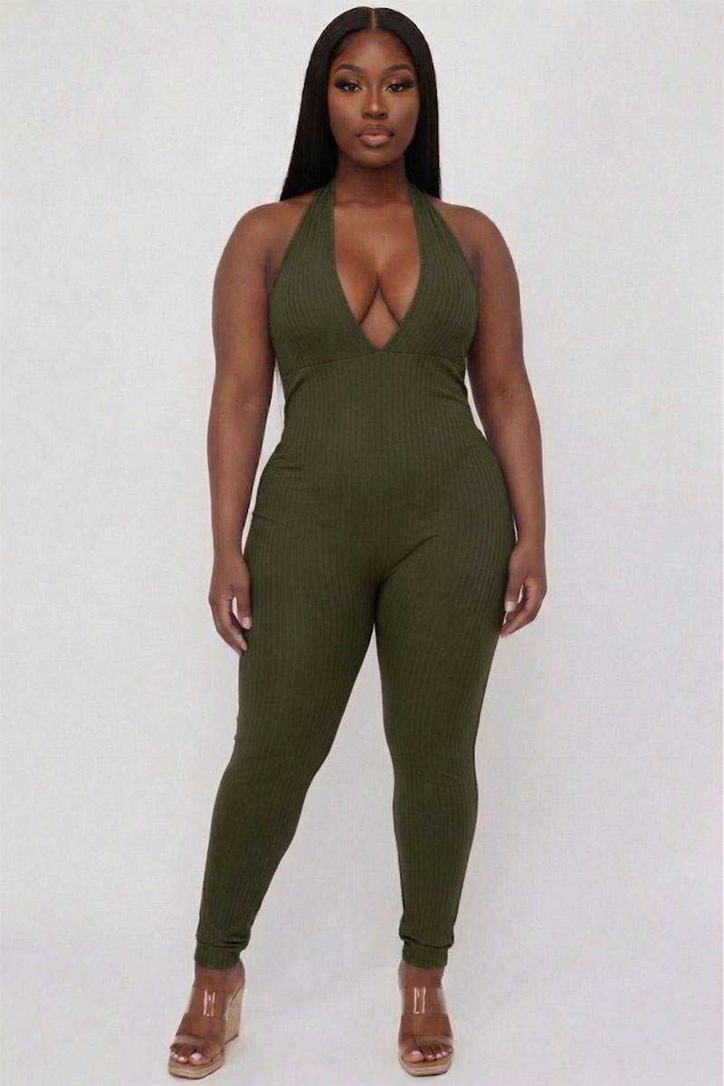 Plus Size Halter V Neck Ribbed Bodycon Jumpsuit
