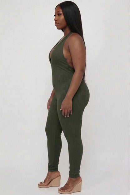 Plus Size Halter V Neck Ribbed Bodycon Jumpsuit