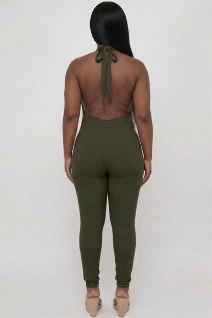 Plus Size Halter V Neck Ribbed Bodycon Jumpsuit