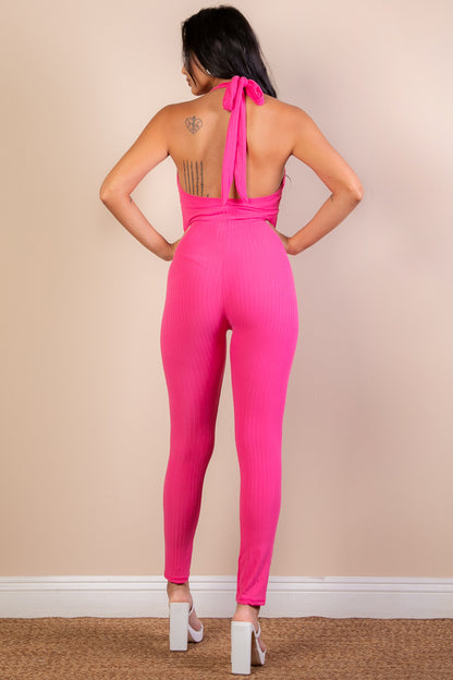 Halter V Neck Ribbed Bodycon Jumpsuit - Wholesale Capella Apparel