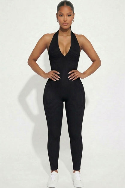 Halter V Neck Ribbed Bodycon Jumpsuit