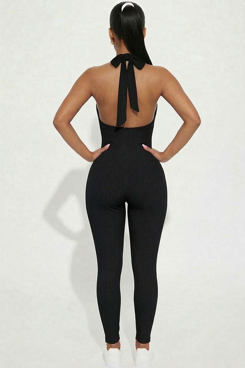 Halter V Neck Ribbed Bodycon Jumpsuit