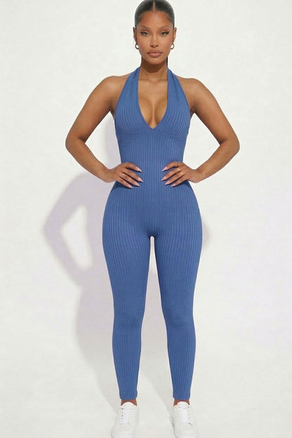 Halter V Neck Ribbed Bodycon Jumpsuit