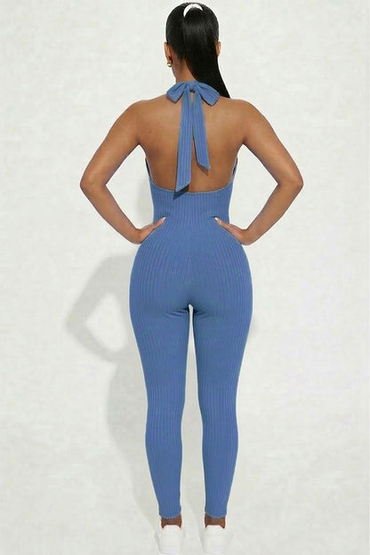 Halter V Neck Ribbed Bodycon Jumpsuit
