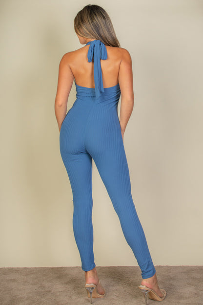 Halter V Neck Ribbed Bodycon Jumpsuit - Wholesale Capella Apparel