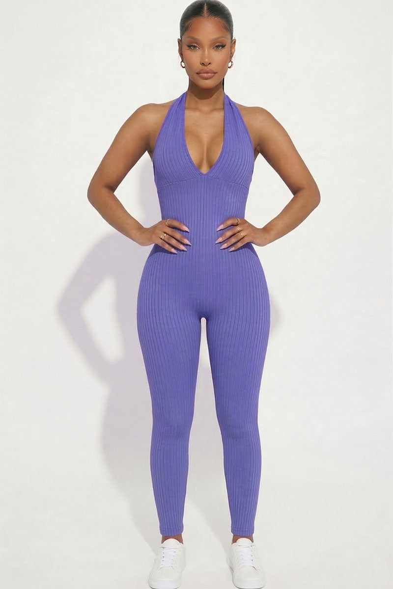 Halter V Neck Ribbed Bodycon Jumpsuit