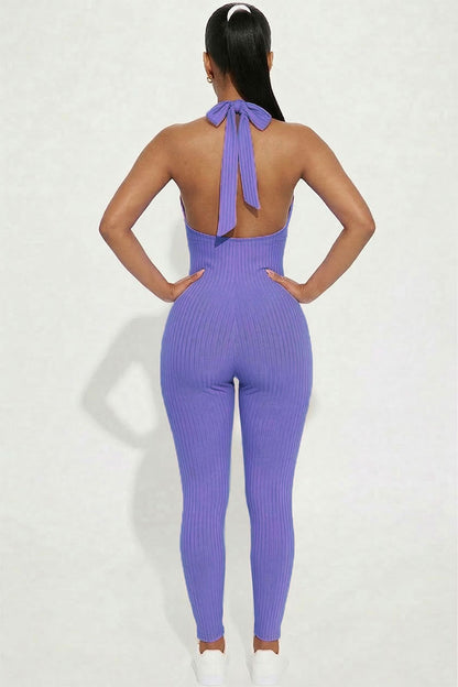Halter V Neck Ribbed Bodycon Jumpsuit