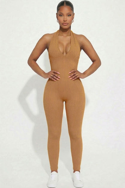 Halter V Neck Ribbed Bodycon Jumpsuit
