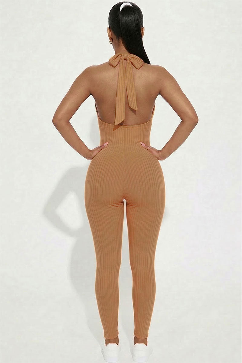 Halter V Neck Ribbed Bodycon Jumpsuit