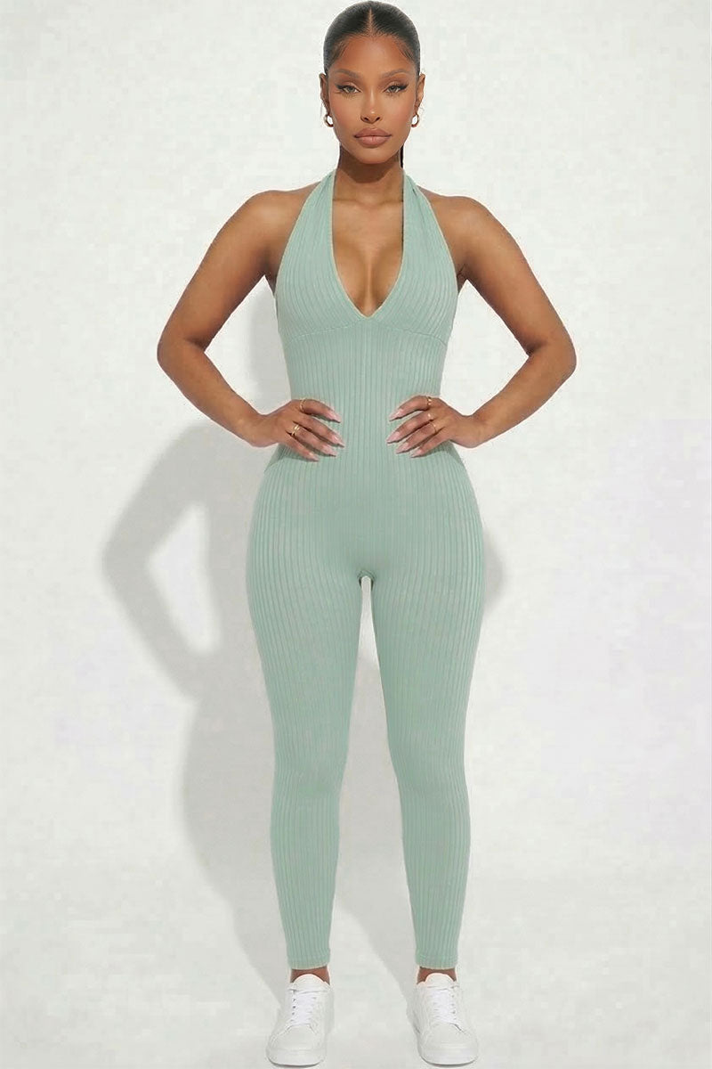 Halter V Neck Ribbed Bodycon Jumpsuit