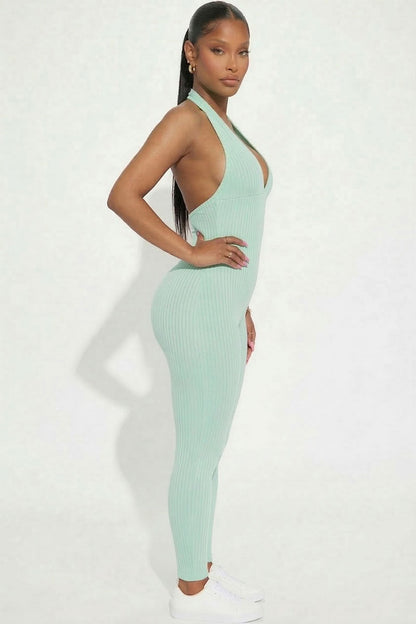 Halter V Neck Ribbed Bodycon Jumpsuit