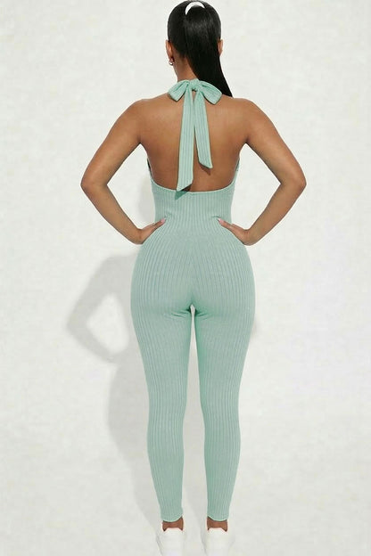 Halter V Neck Ribbed Bodycon Jumpsuit