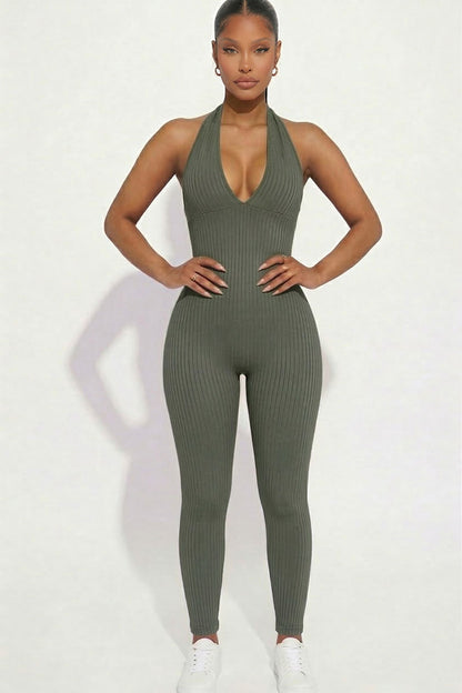 Halter V Neck Ribbed Bodycon Jumpsuit