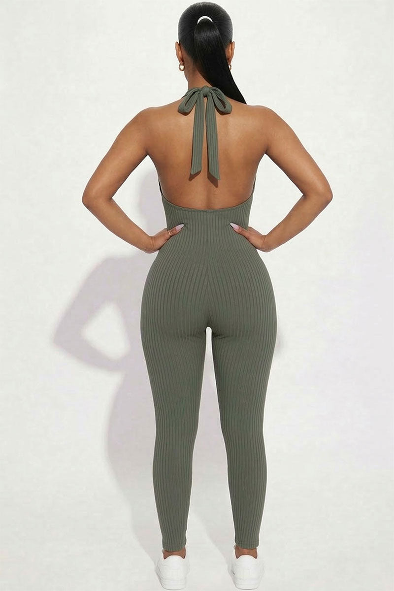 Halter V Neck Ribbed Bodycon Jumpsuit