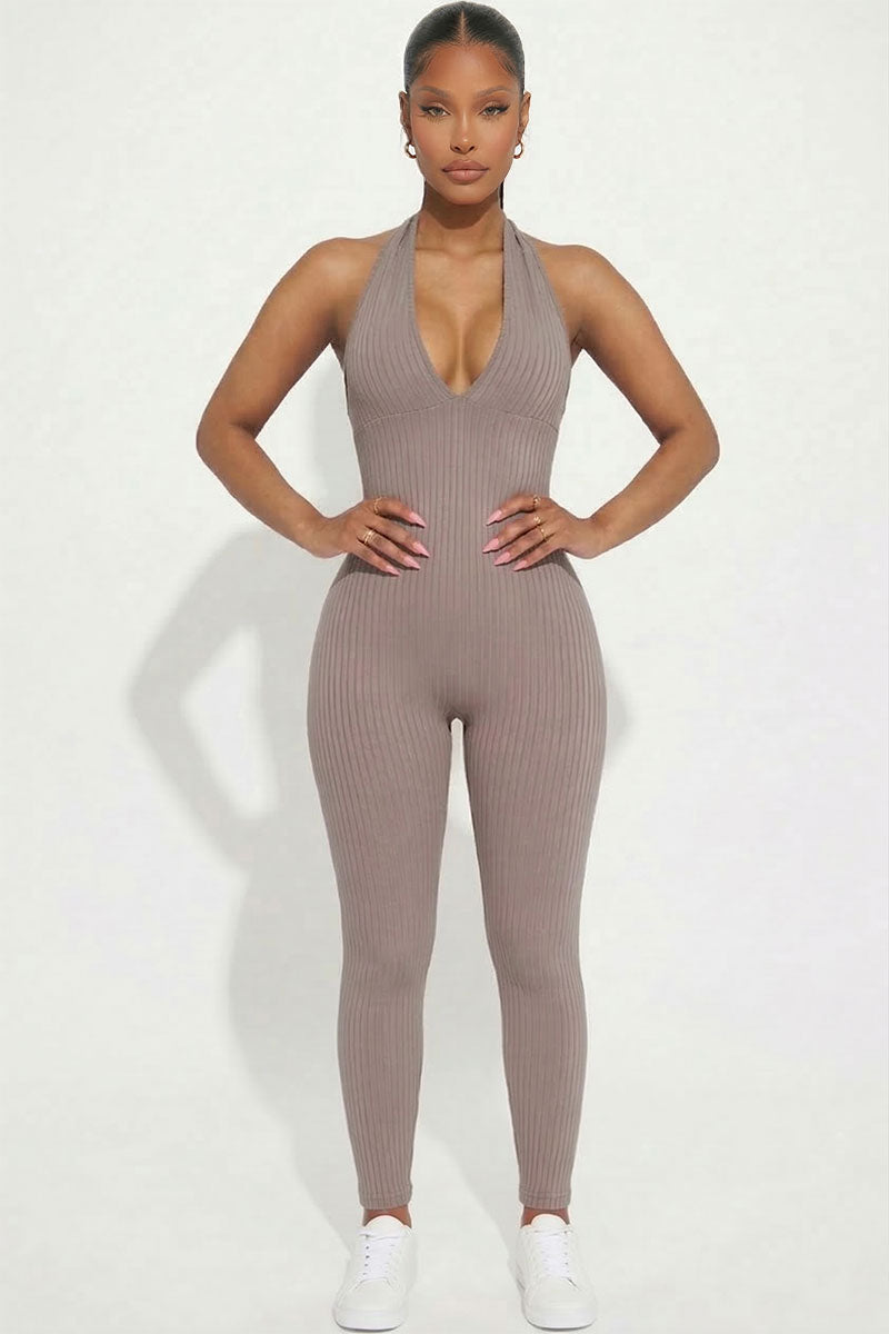 Halter V Neck Ribbed Bodycon Jumpsuit