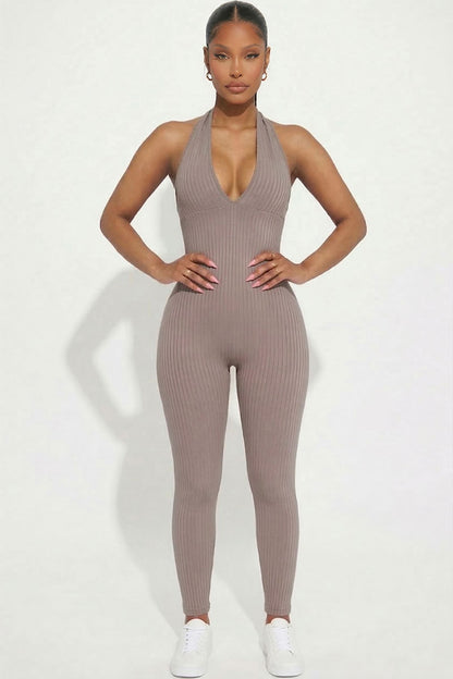 Halter V Neck Ribbed Bodycon Jumpsuit
