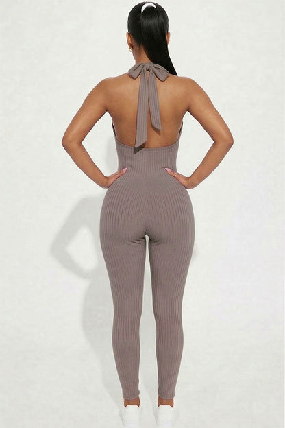 Halter V Neck Ribbed Bodycon Jumpsuit