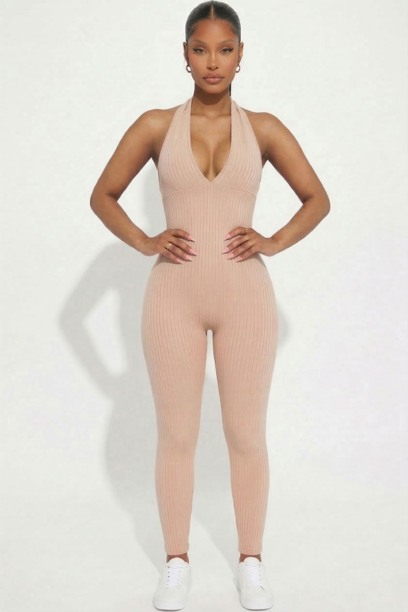 Halter V Neck Ribbed Bodycon Jumpsuit