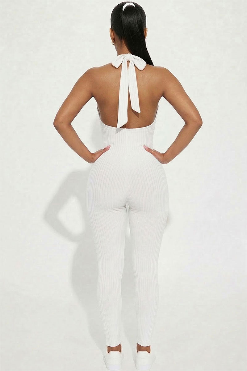 Halter V Neck Ribbed Bodycon Jumpsuit