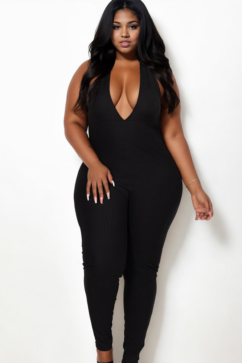 Plus Size Halter V Neck Ribbed Bodycon Jumpsuit - Capella Apparel Wholesale