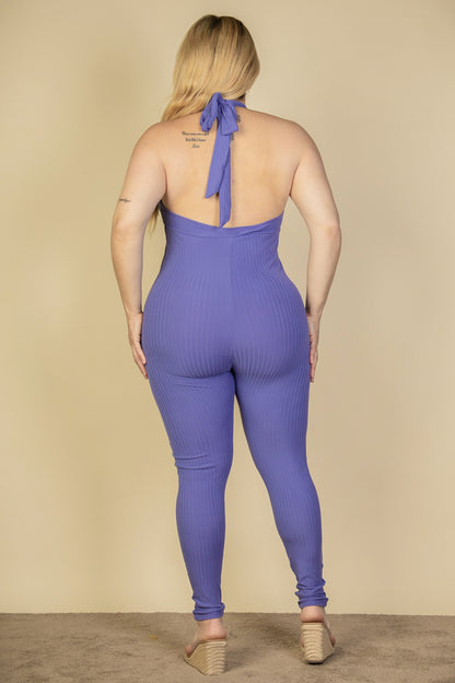 Plus Size Halter V Neck Ribbed Bodycon Jumpsuit - Capella Apparel