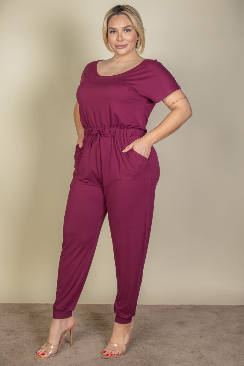 Plus Size Solid Drawstring Short Sleeve Jumpsuit - Wholesale Capella Apparel