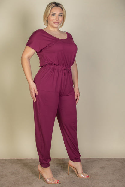 Plus Size Solid Drawstring Short Sleeve Jumpsuit - Wholesale Capella Apparel