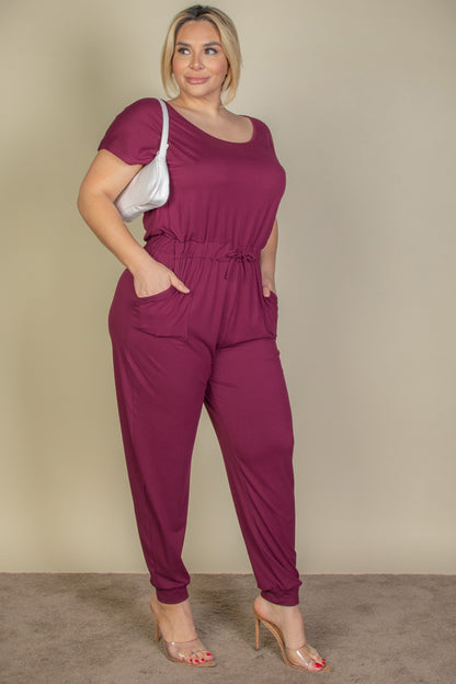 Plus Size Solid Drawstring Short Sleeve Jumpsuit - Wholesale Capella Apparel