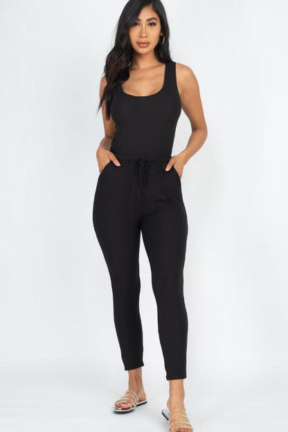 Ribbed Sleeveless Drawstring Jumpsuit - Wholesale Capella Apparel