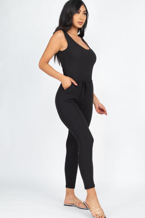 Ribbed Sleeveless Drawstring Jumpsuit - Wholesale Capella Apparel