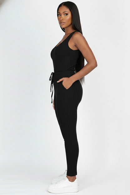 Ribbed Sleeveless Drawstring Jumpsuit