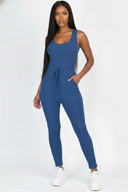 Ribbed Sleeveless Drawstring Jumpsuit