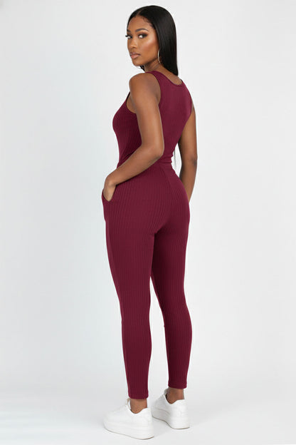 Ribbed Sleeveless Drawstring Jumpsuit
