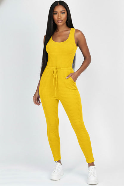 Ribbed Sleeveless Drawstring Jumpsuit