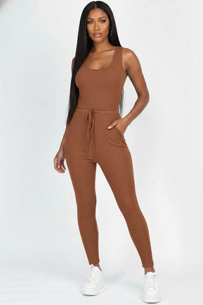 Ribbed Sleeveless Drawstring Jumpsuit