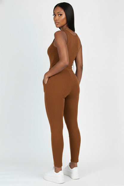 Ribbed Sleeveless Drawstring Jumpsuit