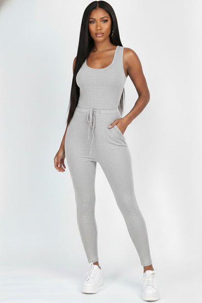 Ribbed Sleeveless Drawstring Jumpsuit