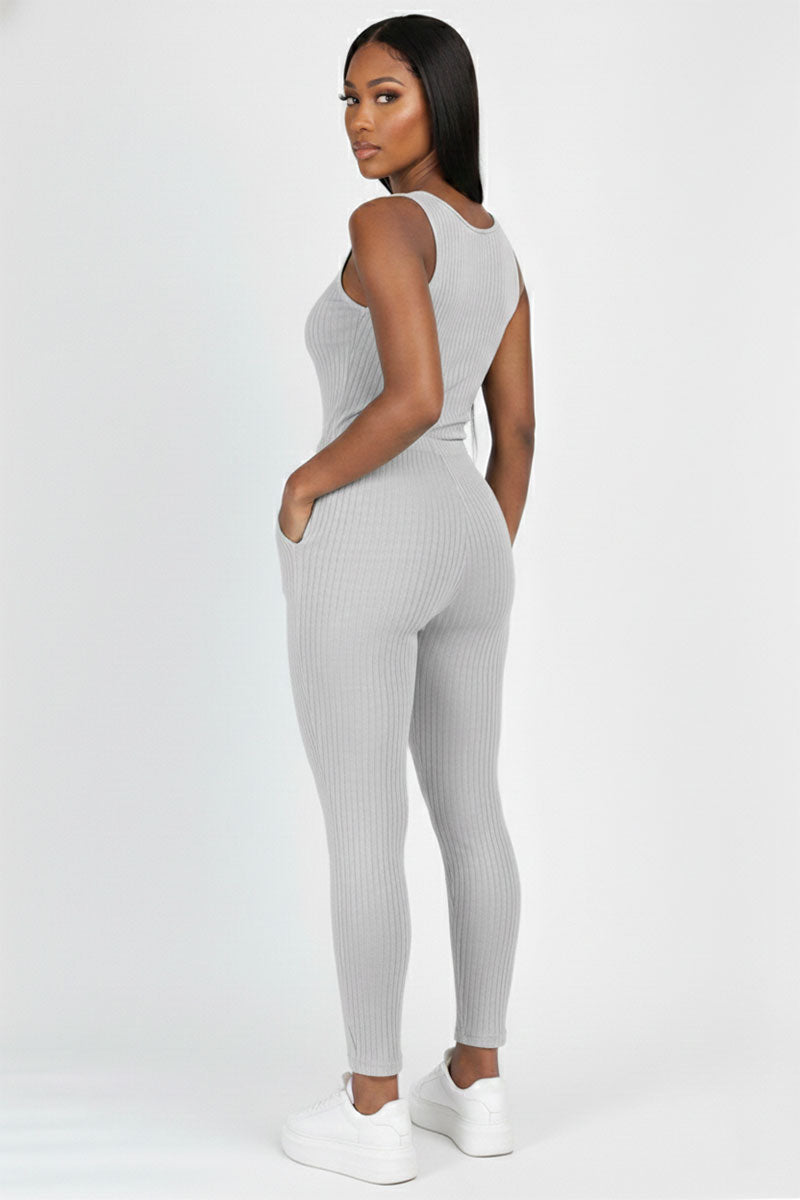 Ribbed Sleeveless Drawstring Jumpsuit