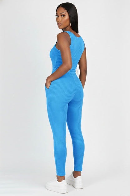 Ribbed Sleeveless Drawstring Jumpsuit