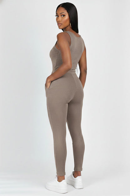 Ribbed Sleeveless Drawstring Jumpsuit